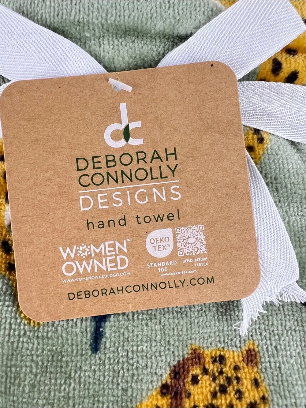 Deborah Connolly Hand Towels Cheetah Print Green Brown Blue Soft Cotton 2 Pc NEW